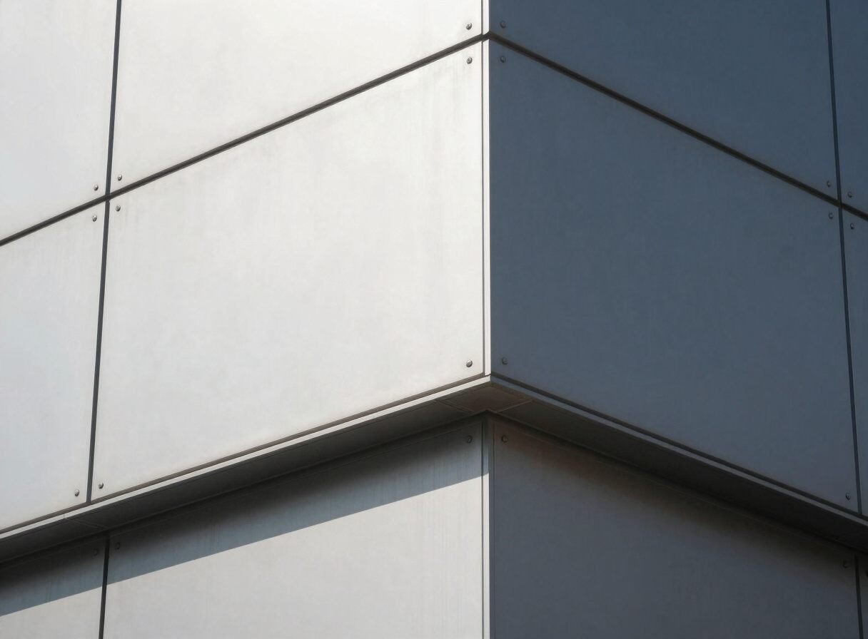 ACP elevation corner detail showing flush aluminium composite panel joints in daylight