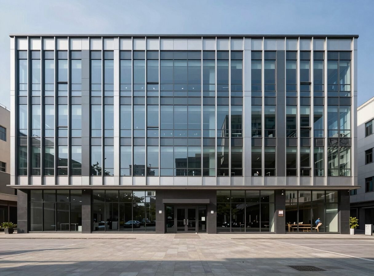 Commercial building facade combining glass curtain walling with stone-clad vertical fins