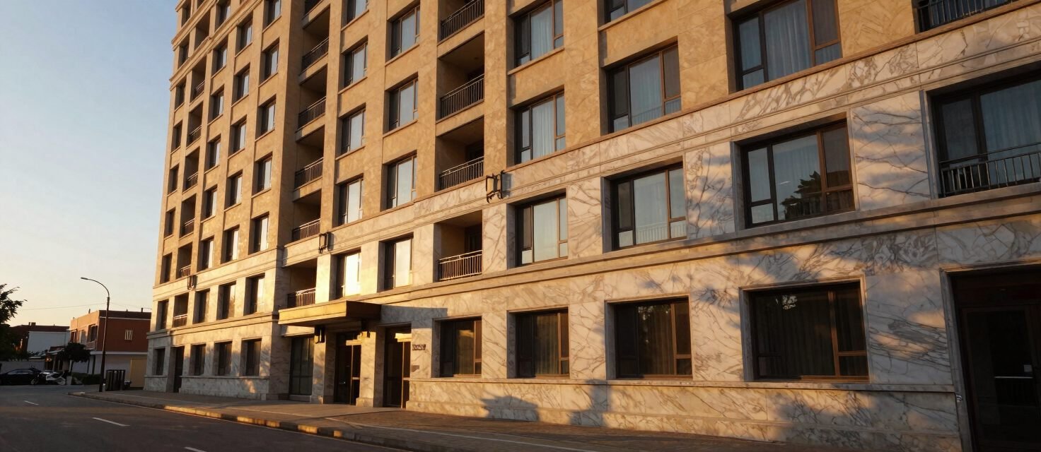 Marble clad residential tower elevation by Bhavy Vibes photographed at golden hour