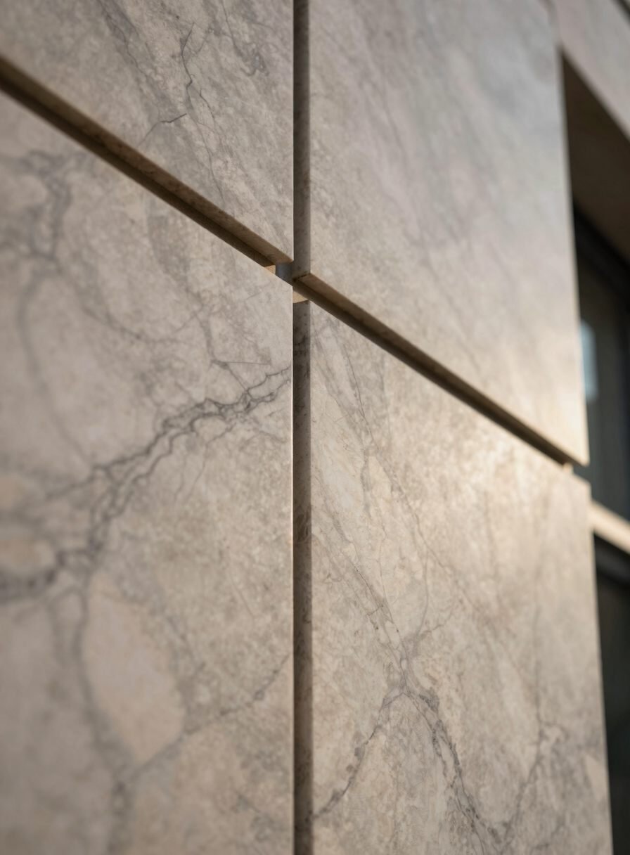 Close-up of a marble clad elevation panel joint showing grey veining and a crisp shadow line