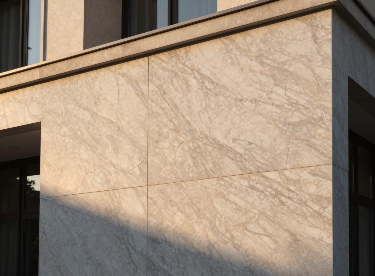 Marble texture facade cladding on a building corner, warm evening light across the veining