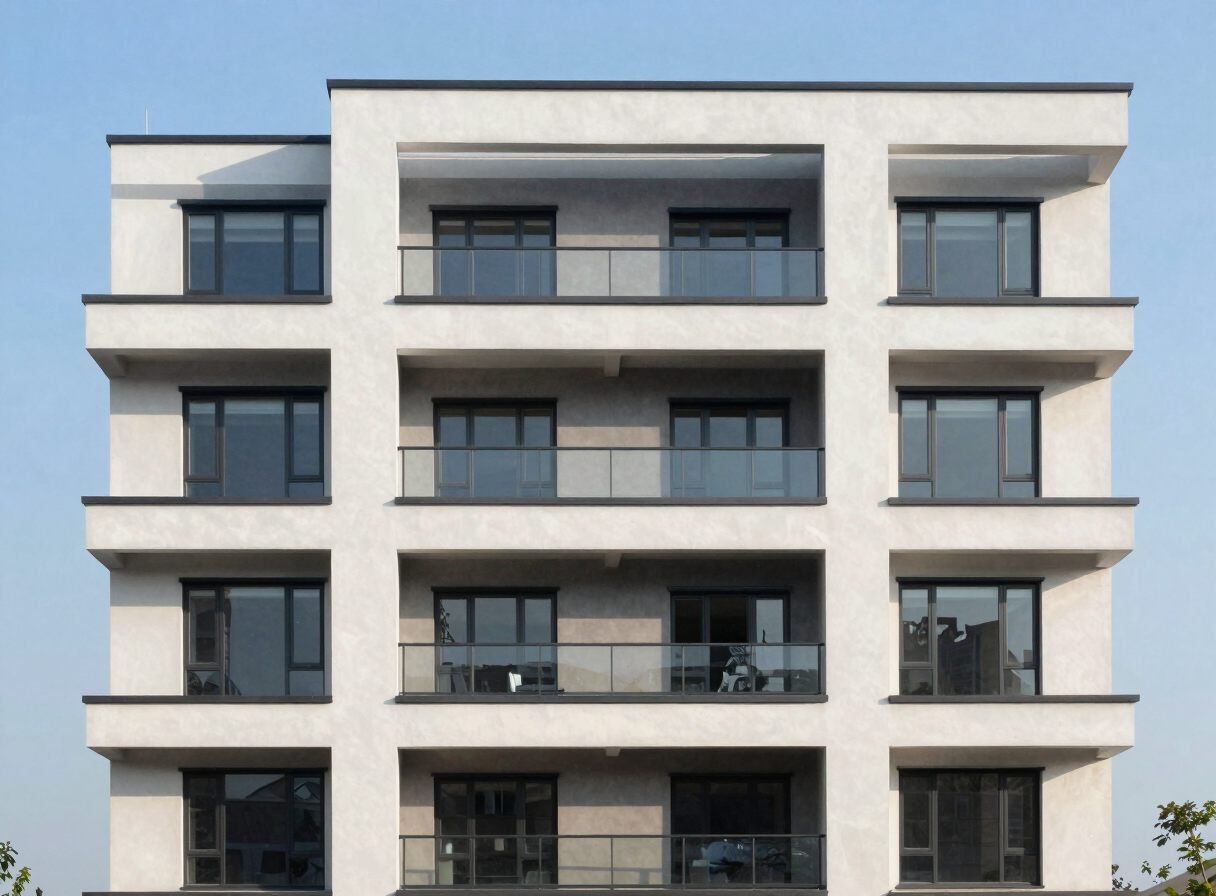 Modern residential front elevation with stacked balconies and a pale textured render finish